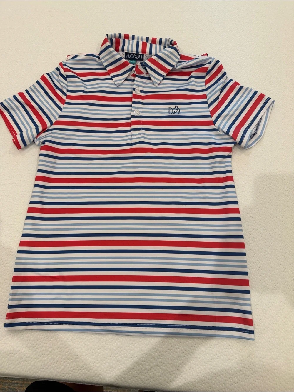 Prodoh Short-Sleeve Polo Shirt - Red, Blue & White Stripes S 8/10